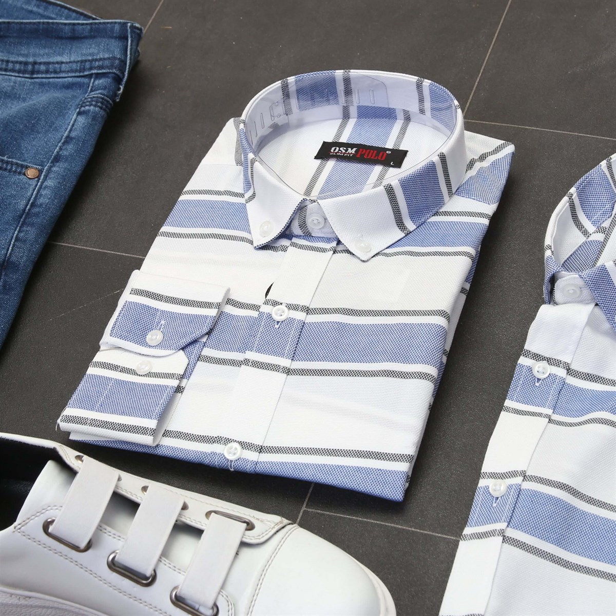 Mavi Gömlek Lacivert Kot Pantolon Ayakkabı Kombini