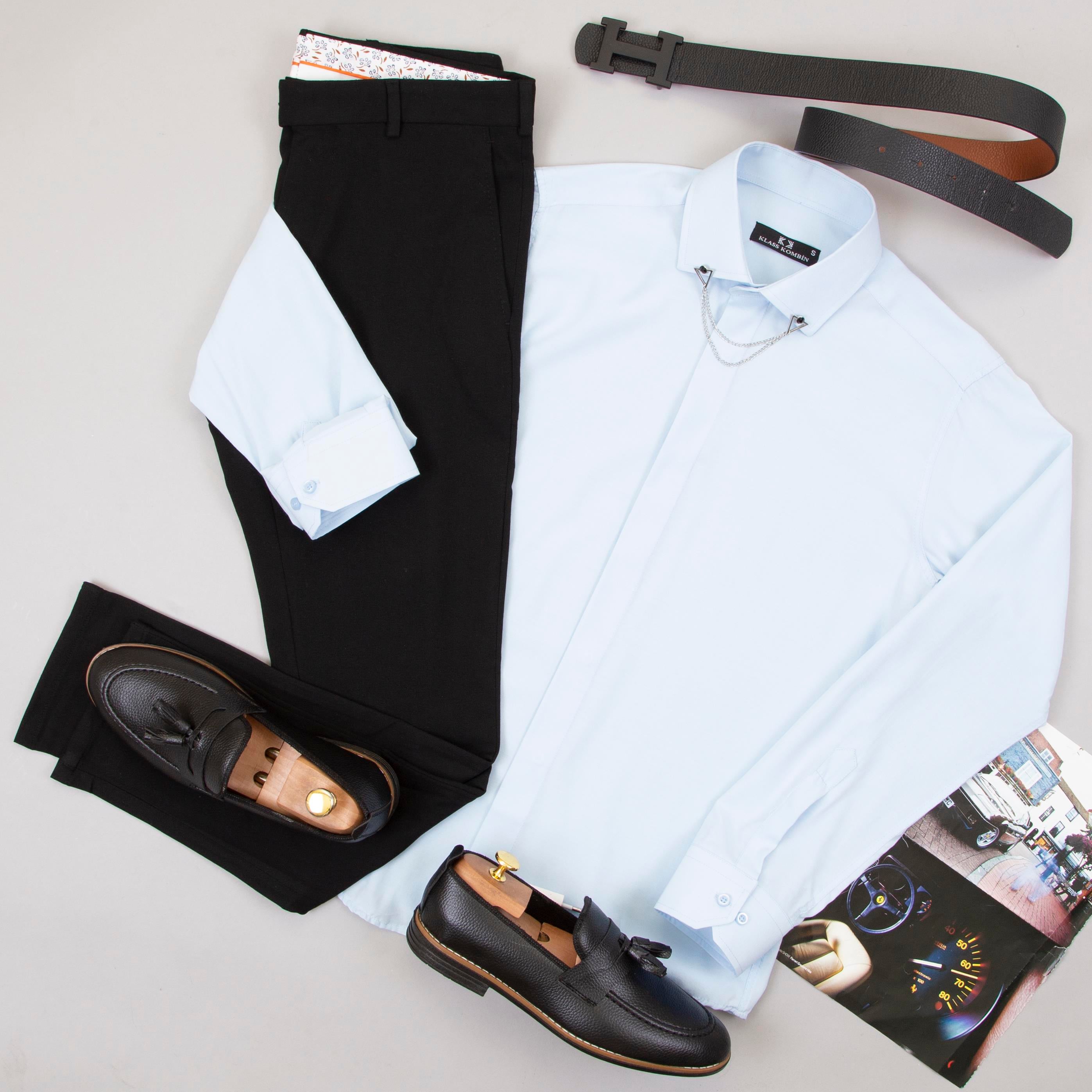 Mavi Gömlek Siyah Pantolon Ayakkabı Kombin