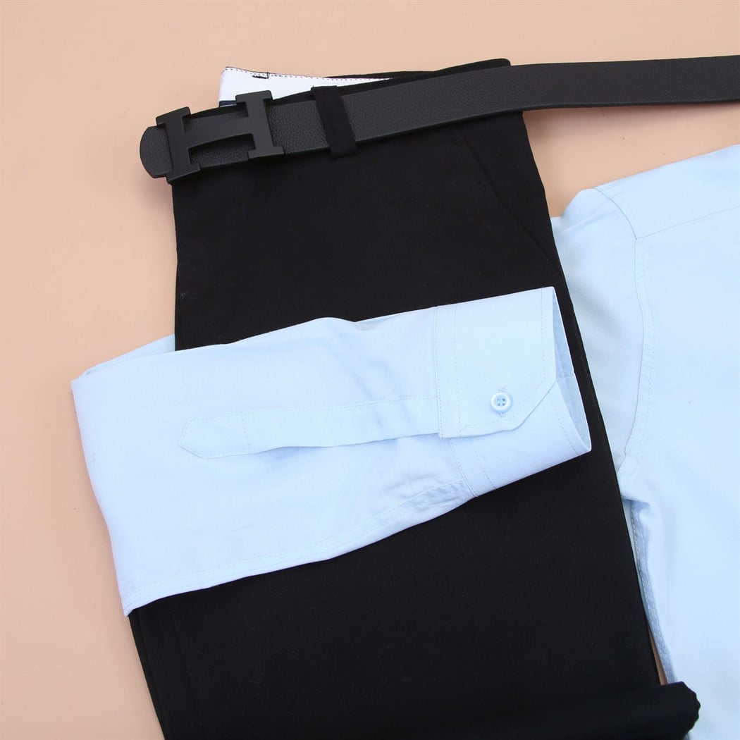 Mavi Gömlek Siyah Pantolon Klasik Ayakkabı Kombini 