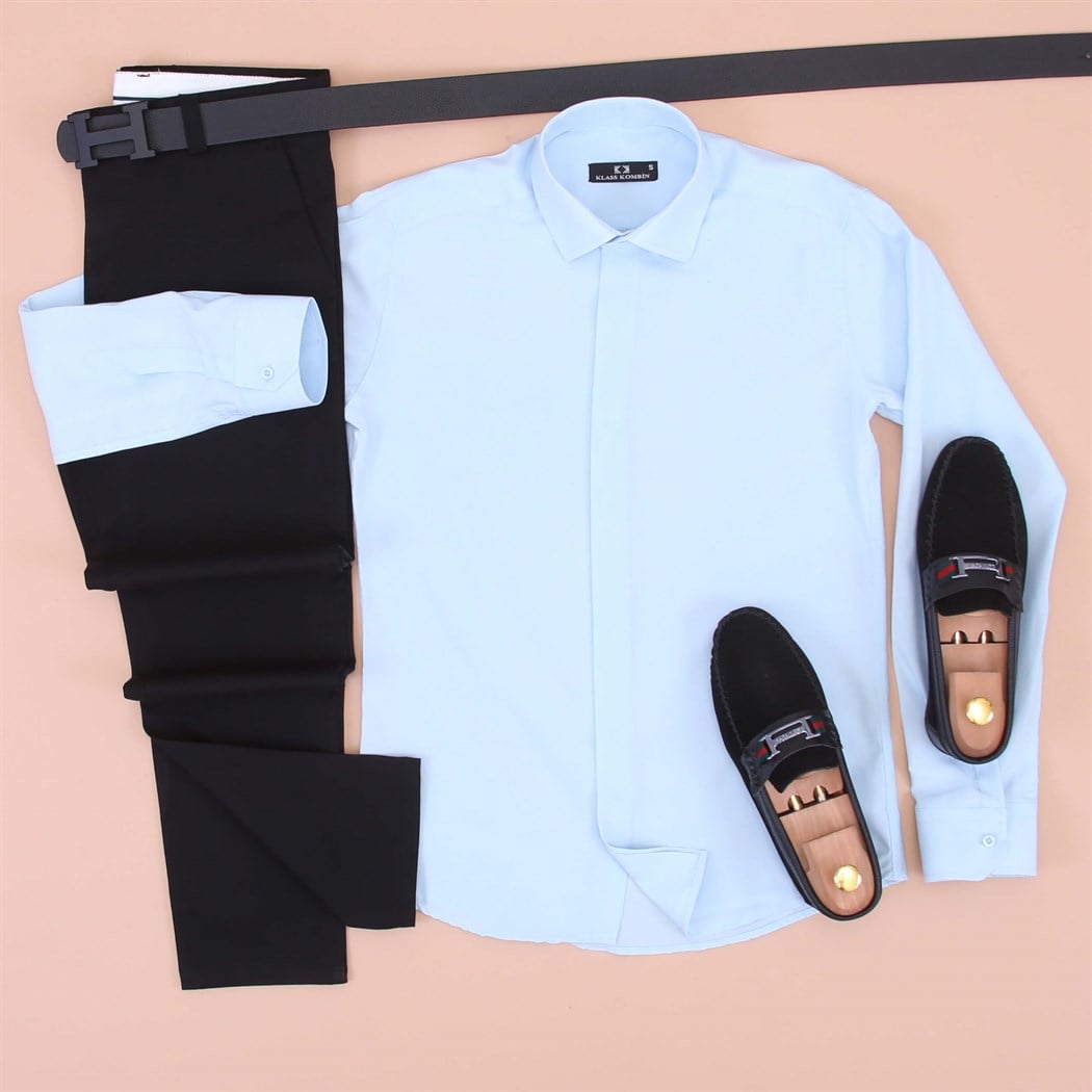 Mavi Gömlek Siyah Pantolon Klasik Ayakkabı Kombini 