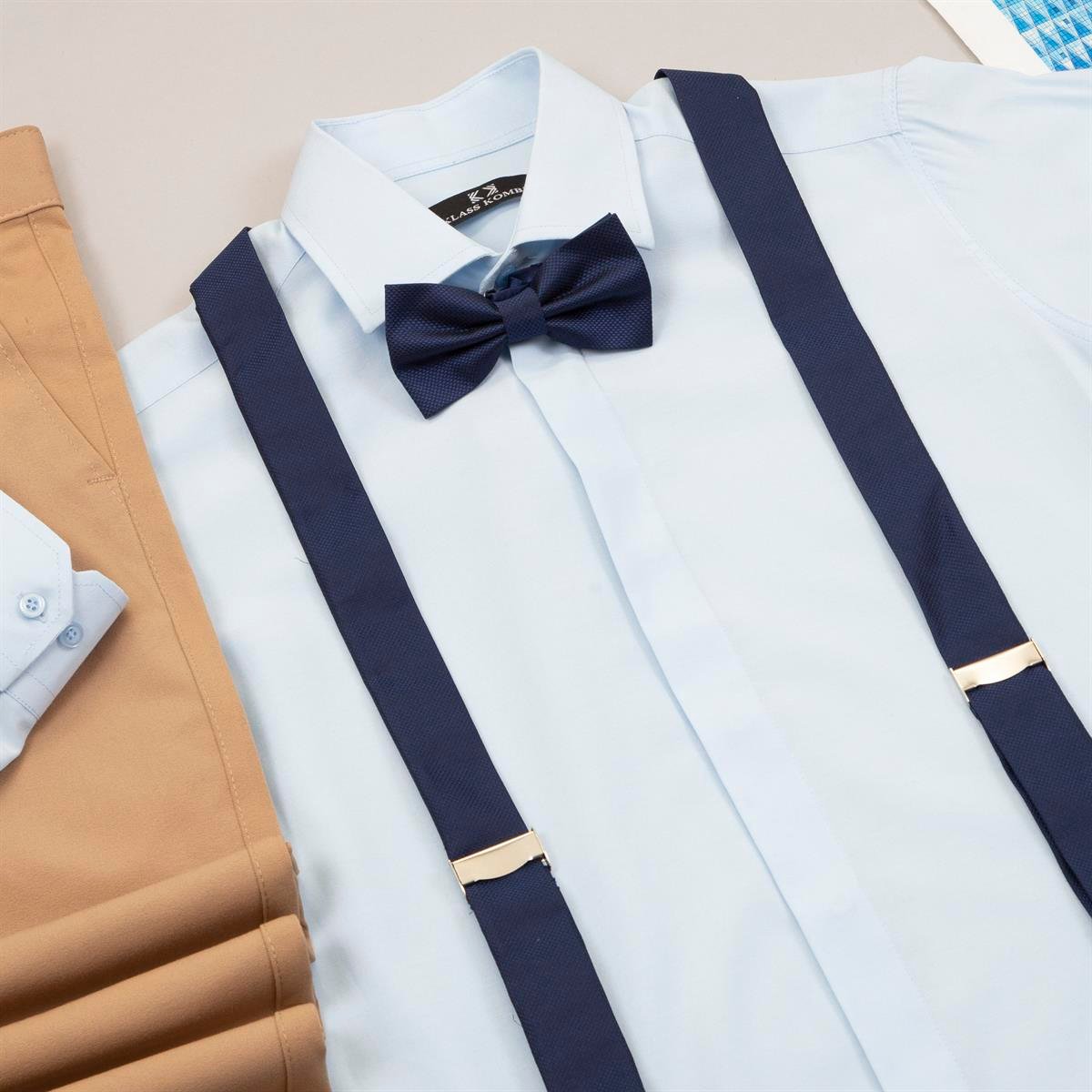 Mavi Gömlek Taba Pantolon Papyon Askı Ayakkabı Kombin