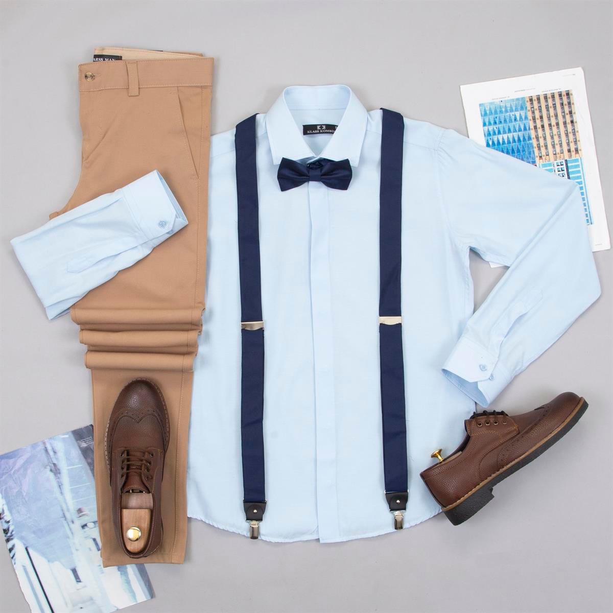 Mavi Gömlek Taba Pantolon Papyon Askı Ayakkabı Kombin