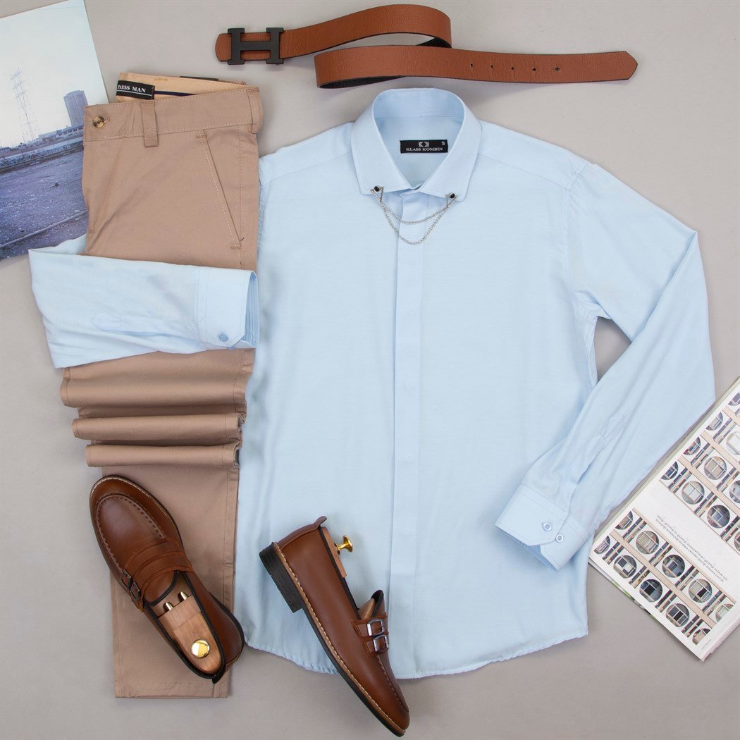 Mavi Gömlek Taş Pantolon Ayakkabı Kombin