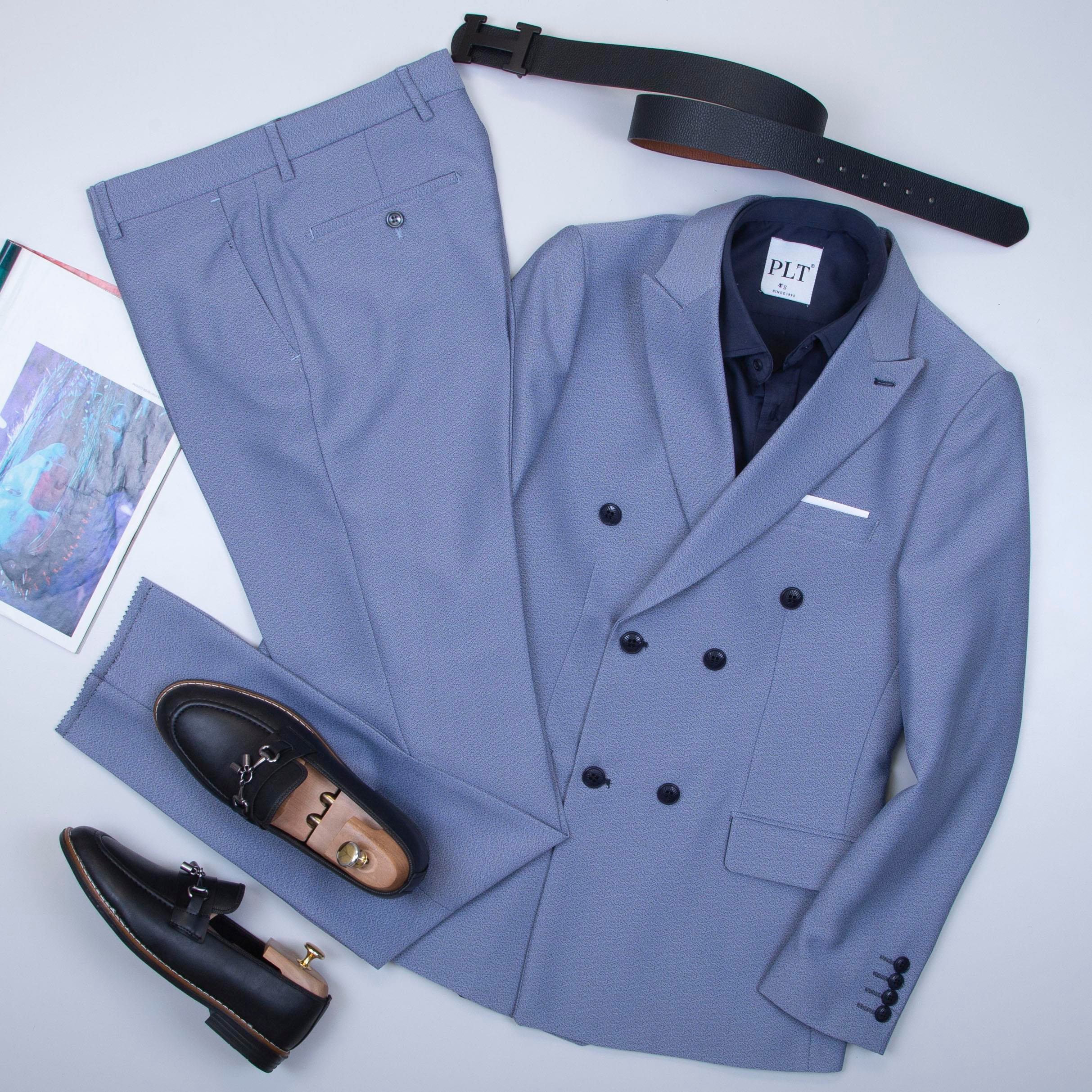 Mavi Kırçıllı Kruvaze Takım Elbise Kombini