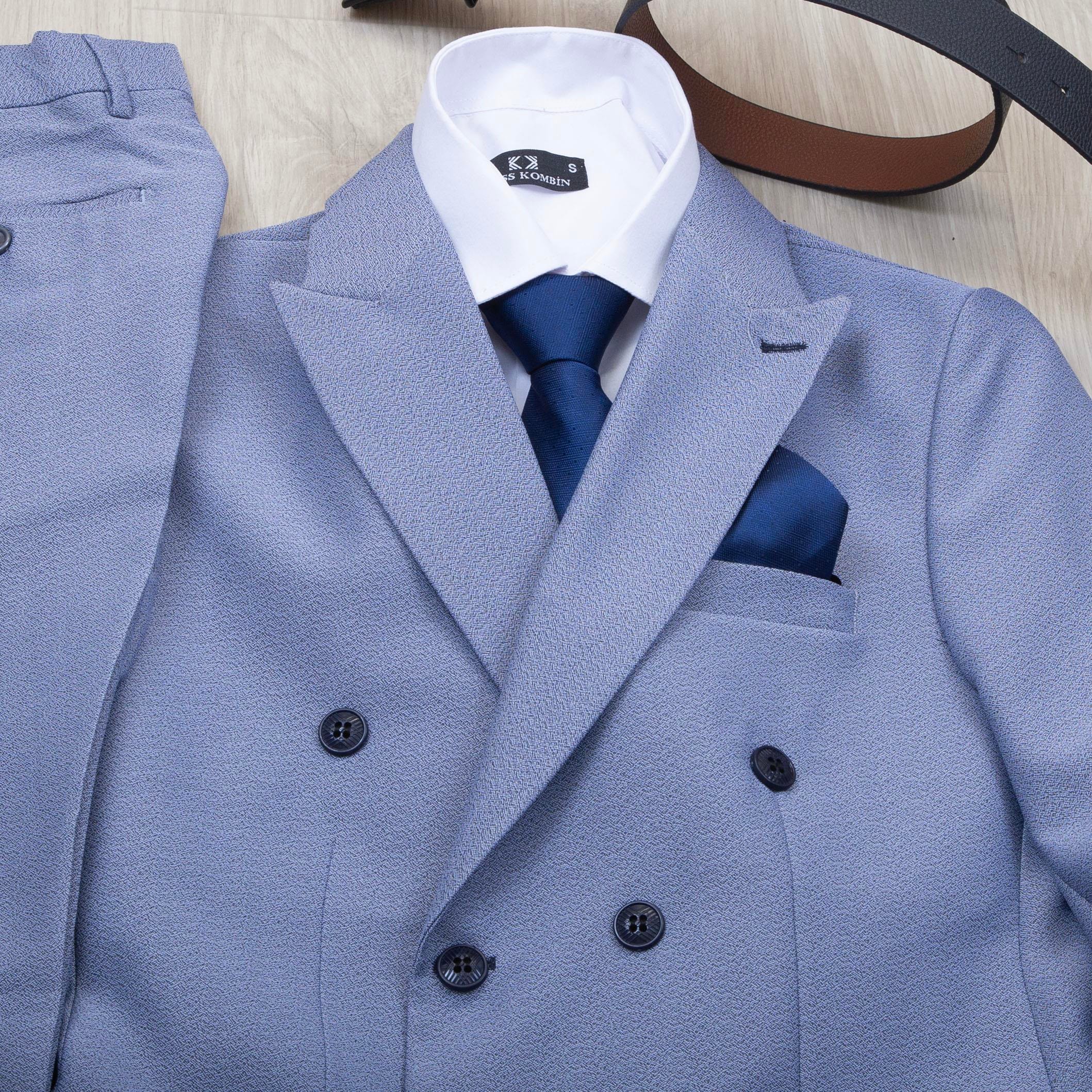 Mavi Kırçıllı Kruvaze Takım Elbise Kombini