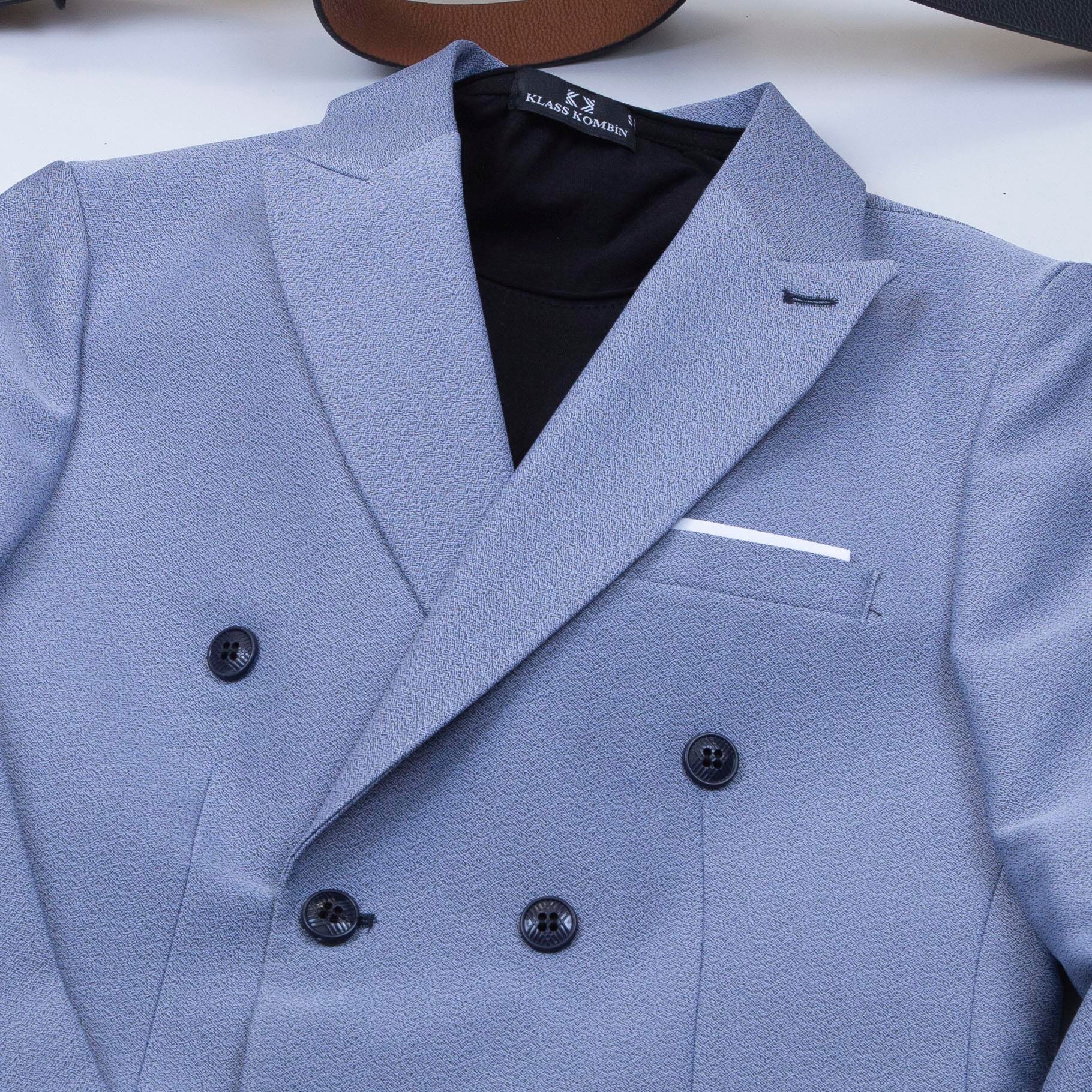 Mavi Kırçıllı Kruvaze Takım Elbise Kombini