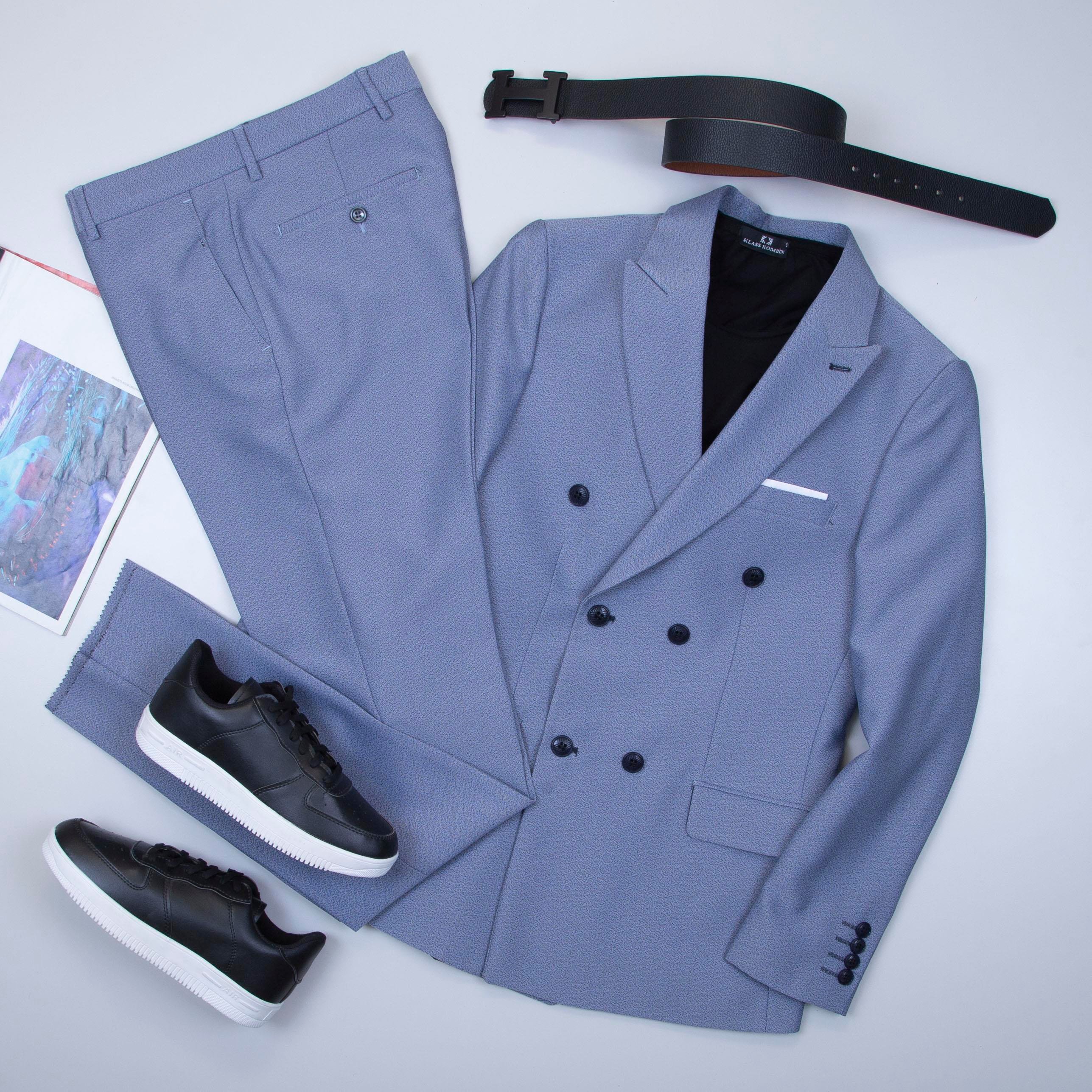 Mavi Kırçıllı Kruvaze Takım Elbise Kombini