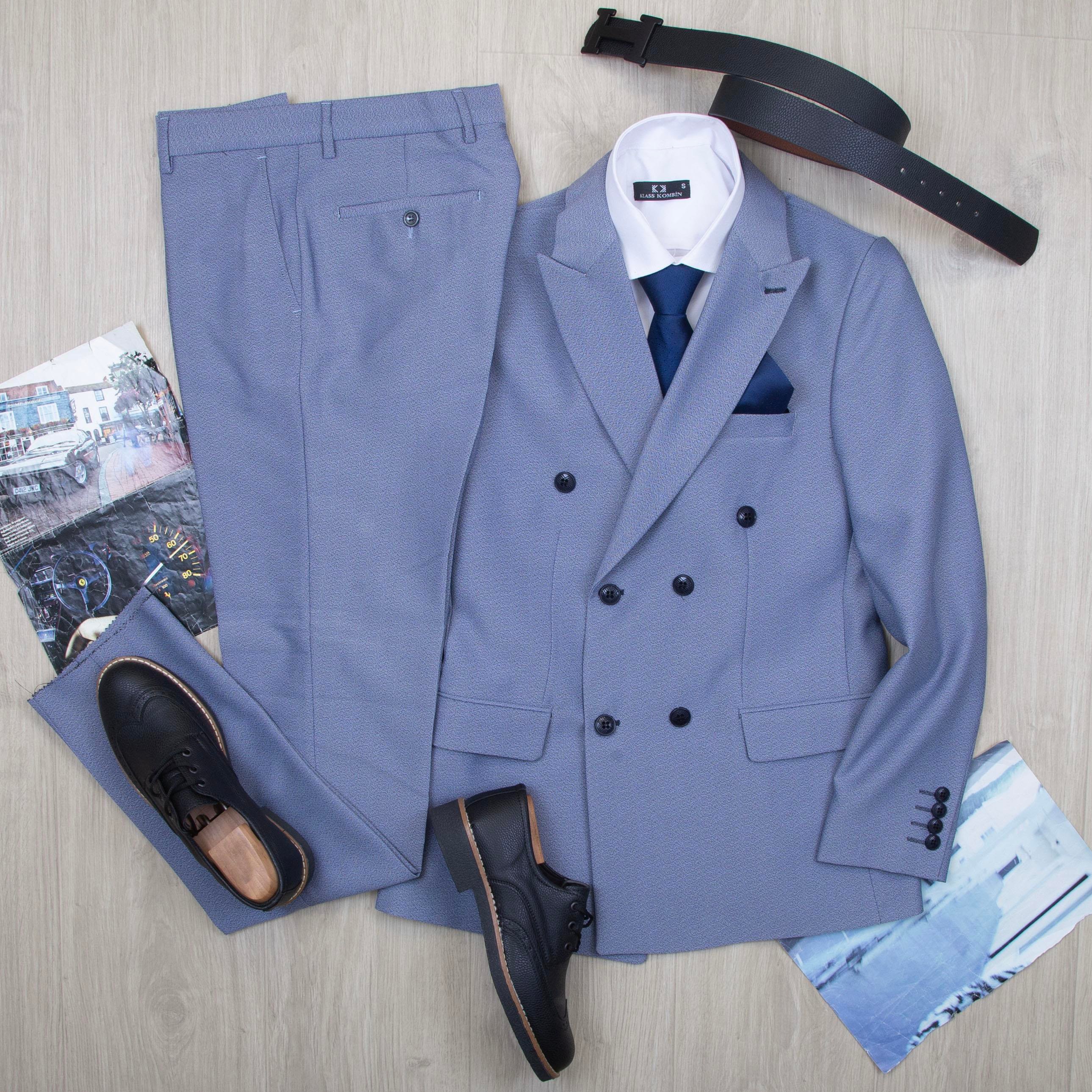 Mavi Kırçıllı Kruvaze Takım Elbise Kombini