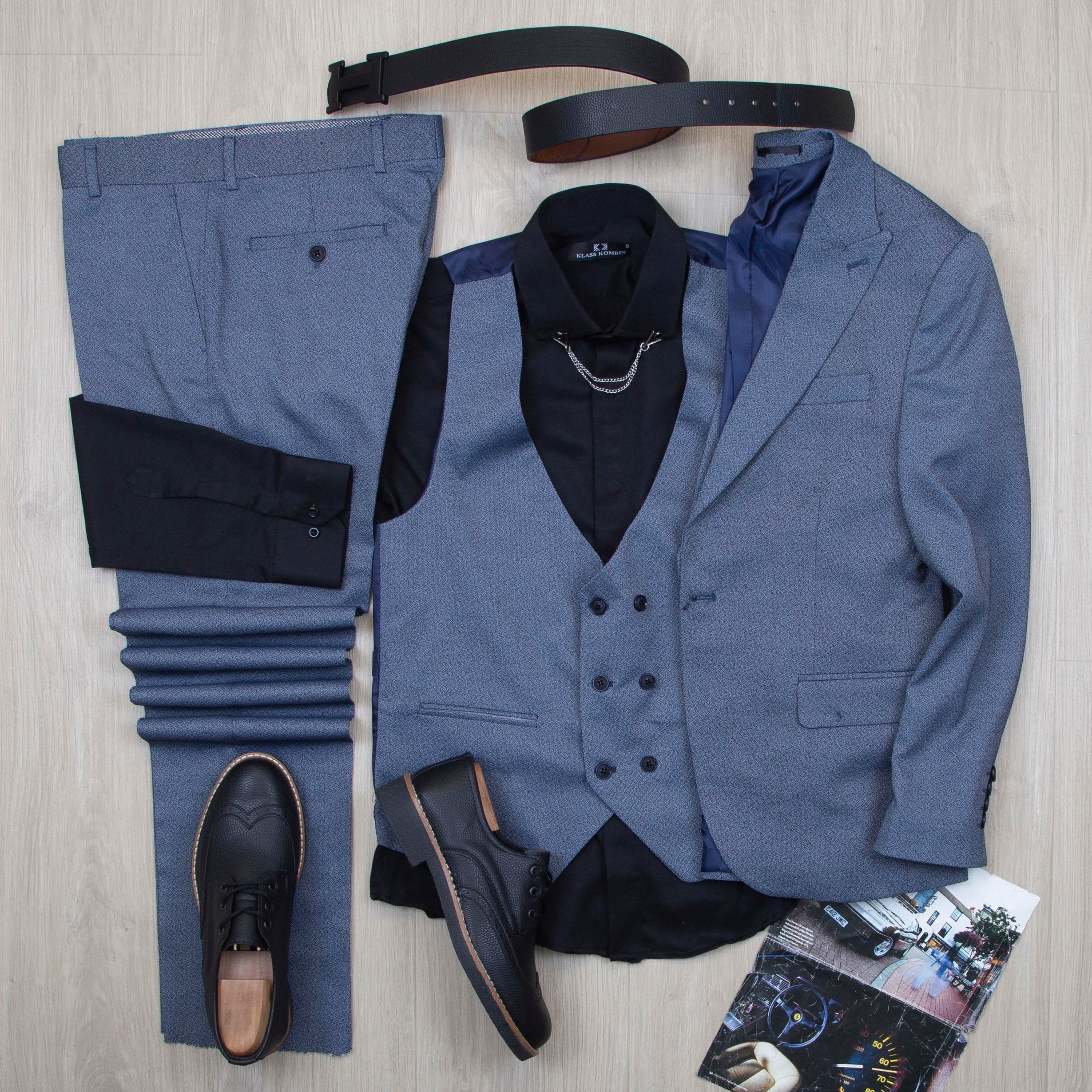 Mavi Kırçıllı Takım Elbise Kombini