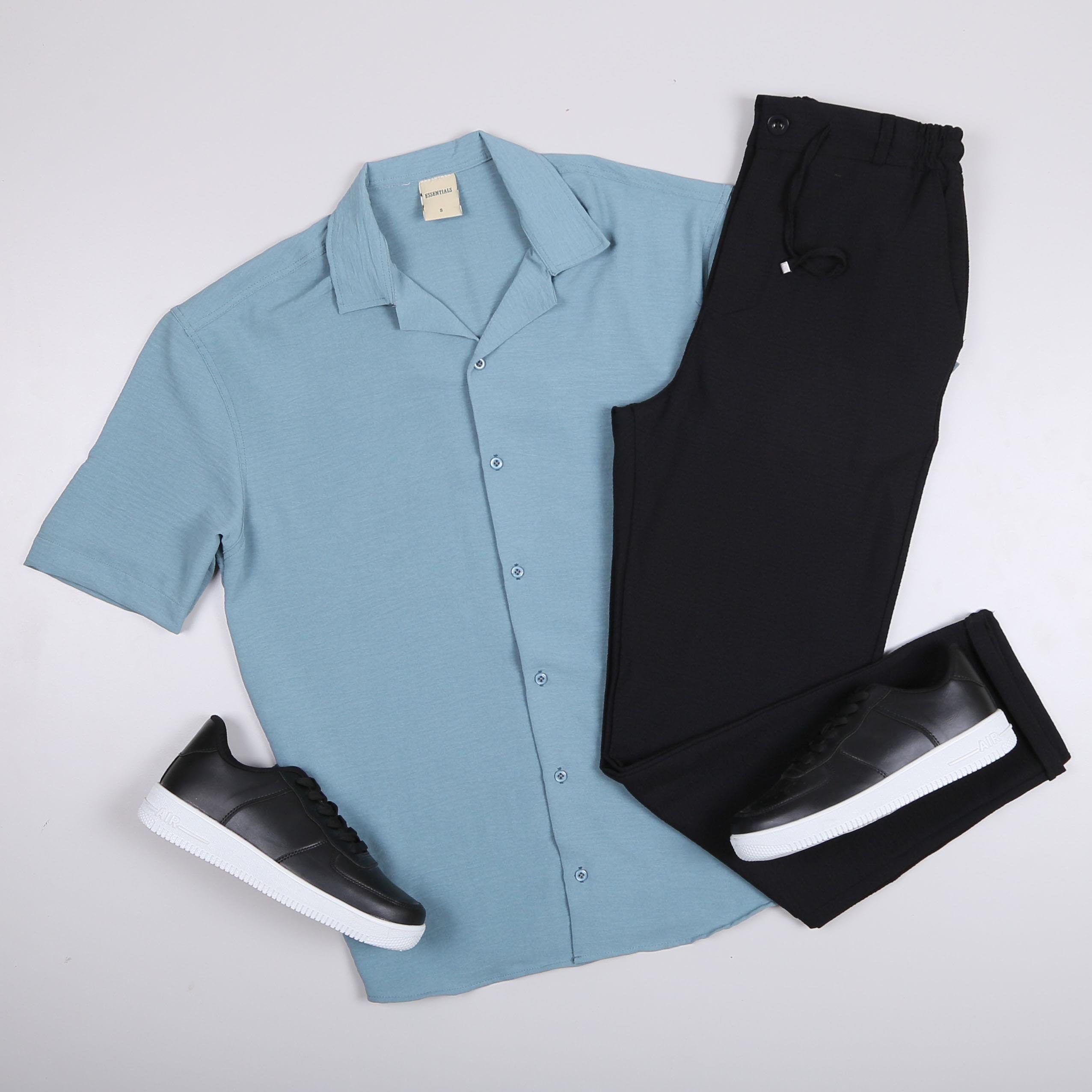 Mavi Kısa Kol Gömlek Pantolon Ayakkabı Kombin