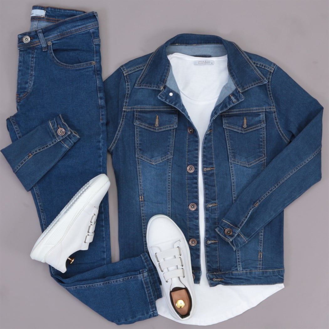 Mavi Kot Ceket Ayakkabı Pantolon Kombini