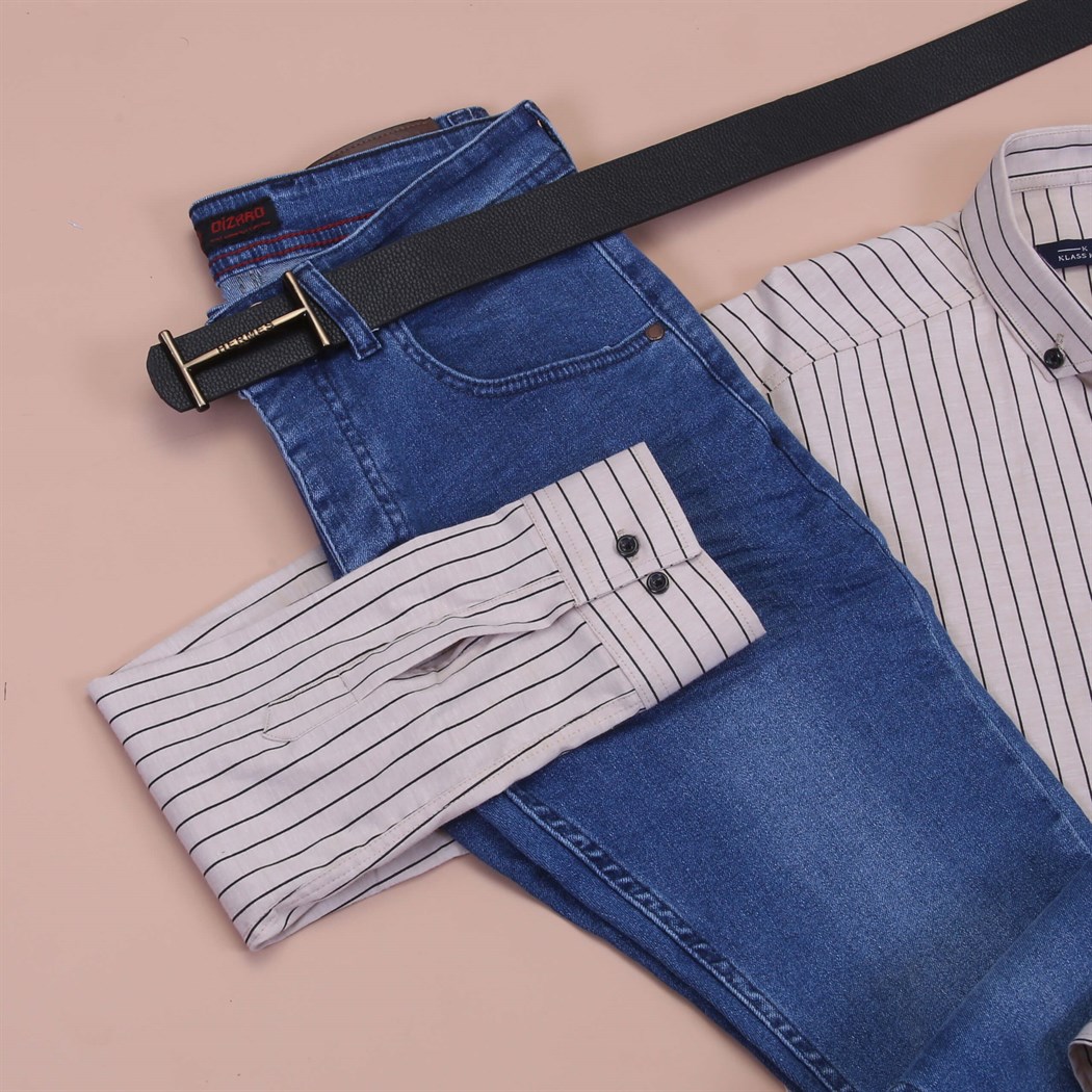 Mavi Kot Ekose Gömlek Ayakkabı Kombini