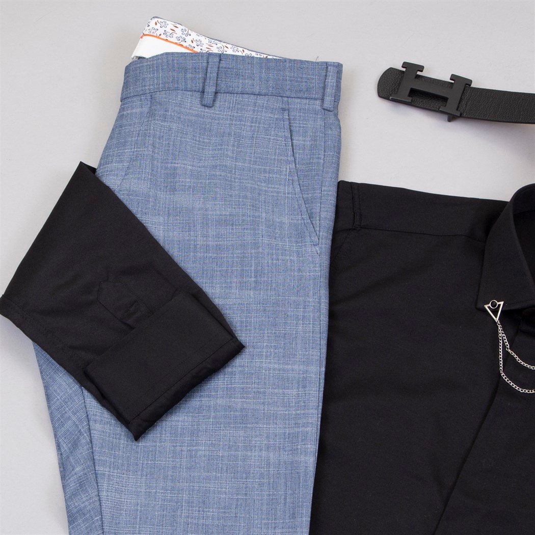 Mavi Kumaş Pantolon Gömlek Ayakkabı Kombin