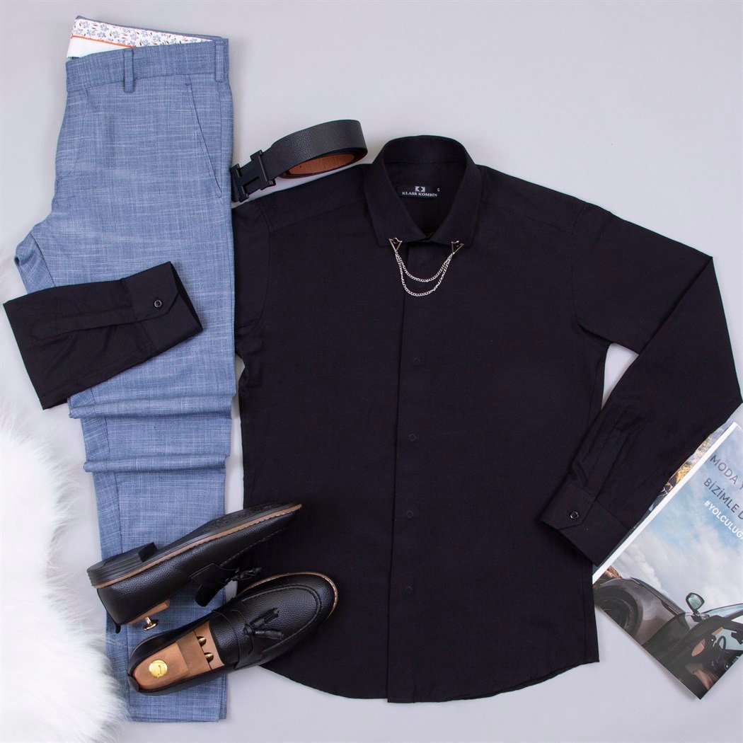 Mavi Kumaş Pantolon Gömlek Ayakkabı Kombin