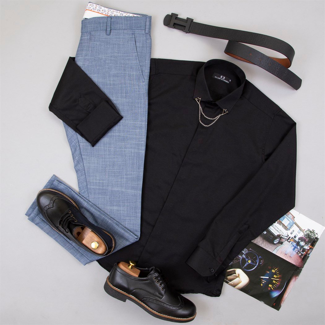 Mavi Kumaş Pantolon Gömlek Ayakkabı Kombin