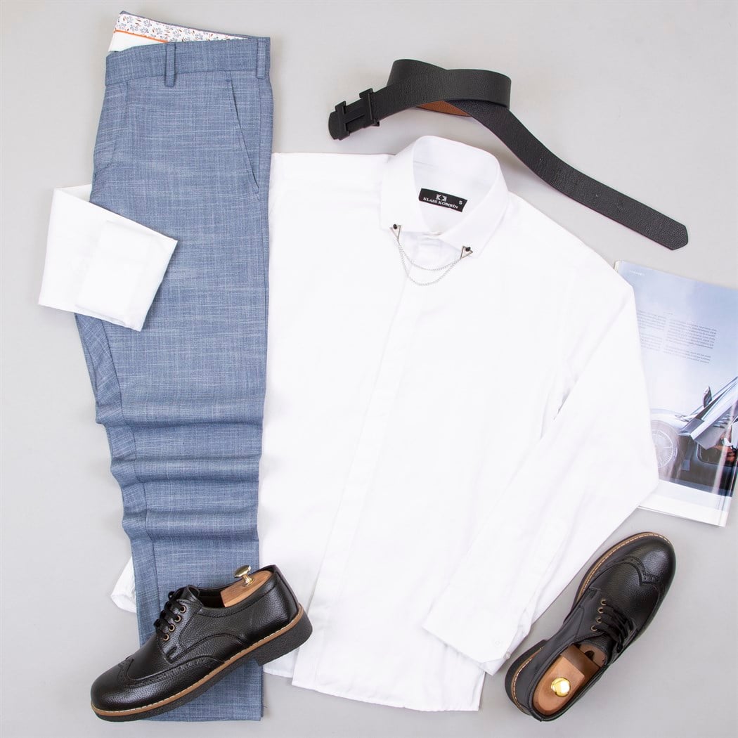 Mavi Kumaş Pantolon Gömlek Ayakkabı Kombin