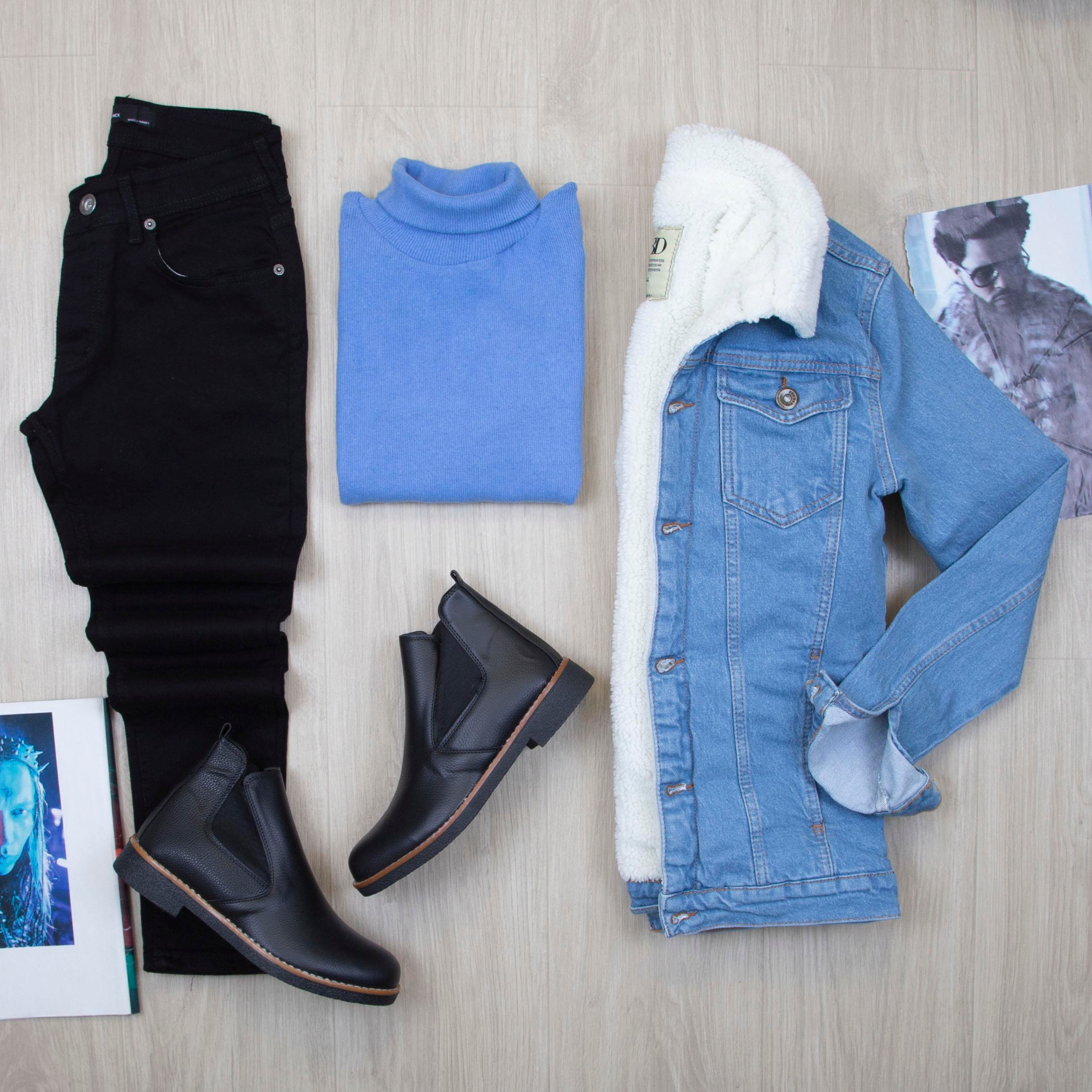 Mavi Kürklü Kot Ceket Boğazlı Body Pantolon Bot Kombin