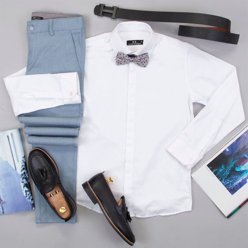 Mavi Pantolon Gömlek Papyon Ayakkabı Kombin