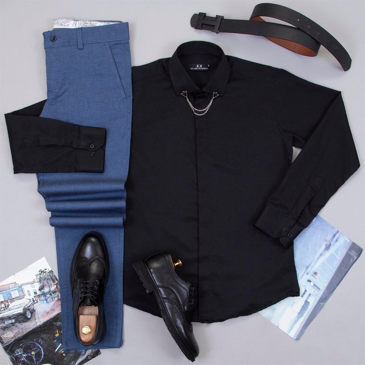 Mavi Pantolon Siyah Gömlek Ayakkabı Kombin