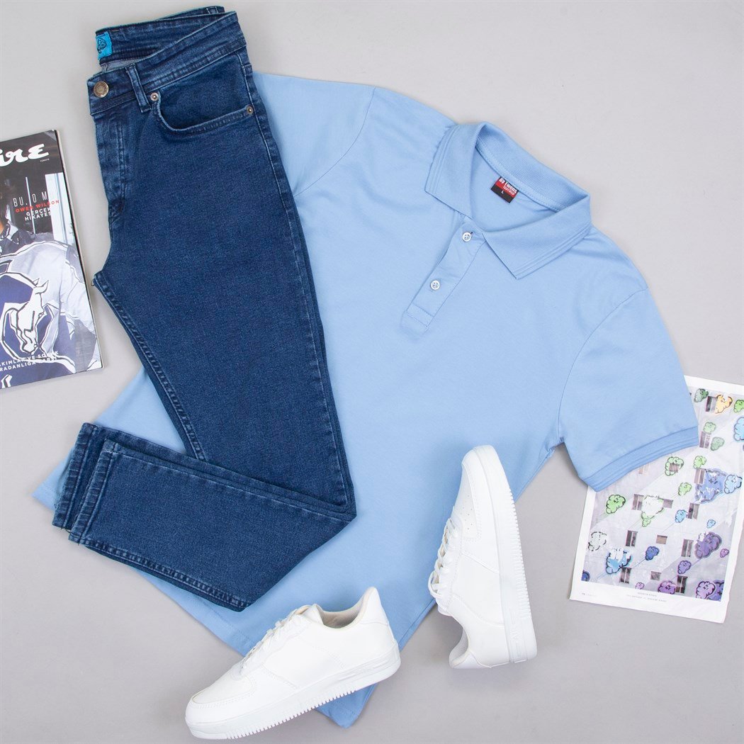 Mavi Polo Yaka Tişört Pantolon Ayakkabı Kombin