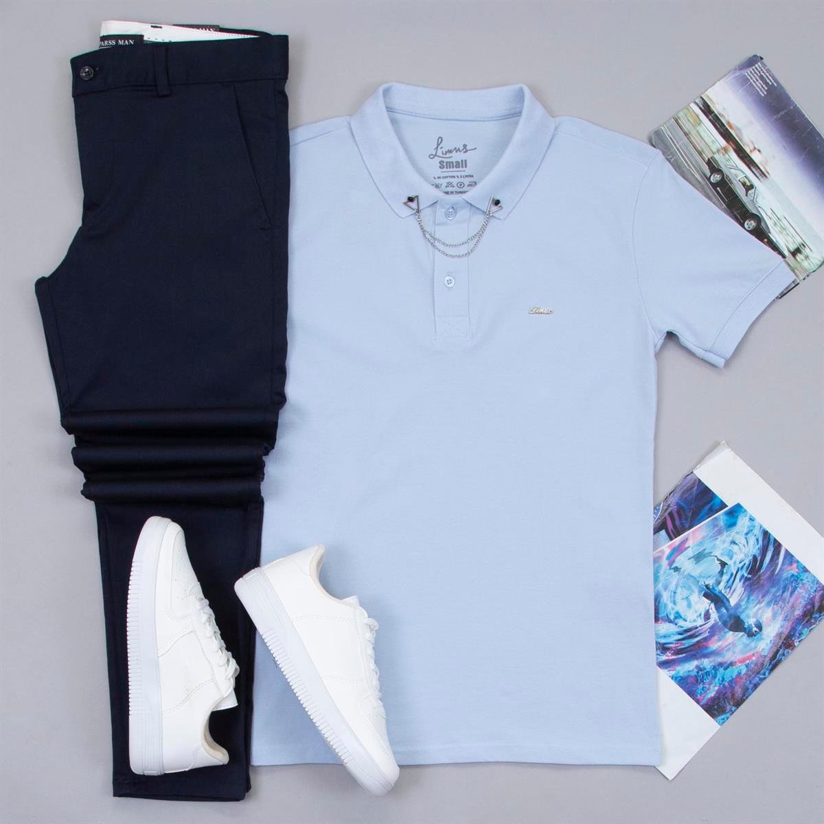 Mavi Polo Yaka Tişört Pantolon Ayakkabı Kombin