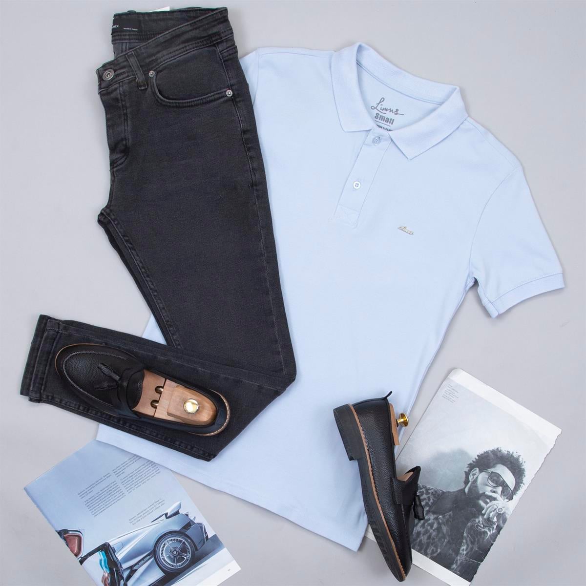 Mavi Polo Yaka Tişört Pantolon Ayakkabı Kombin