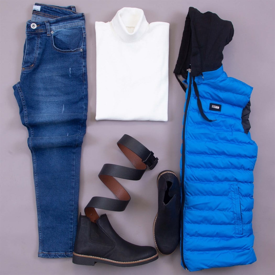 Mavi Şişme Yelek Kazak Pantolon Bot Kombin