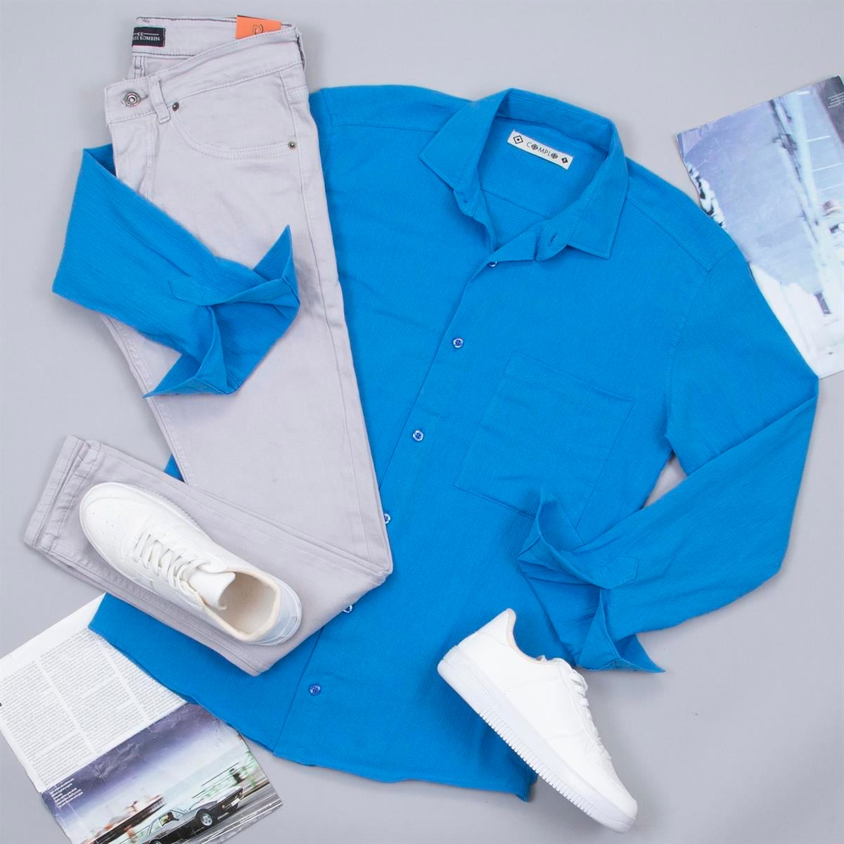 Mavi Spor Gömlek Pantolon Ayakkabı Kombin