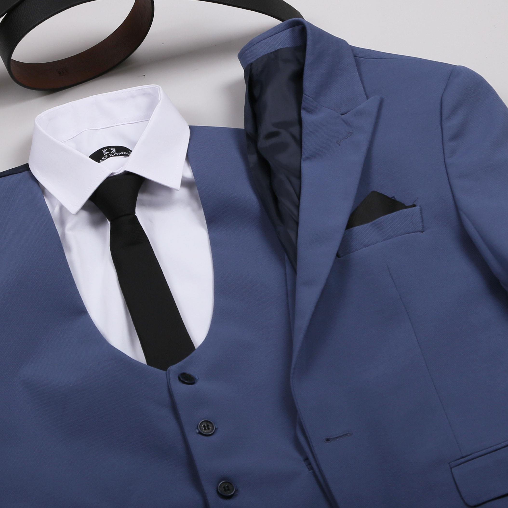 Koyu Mavi Kırçıllı Takım Elbise Kombini