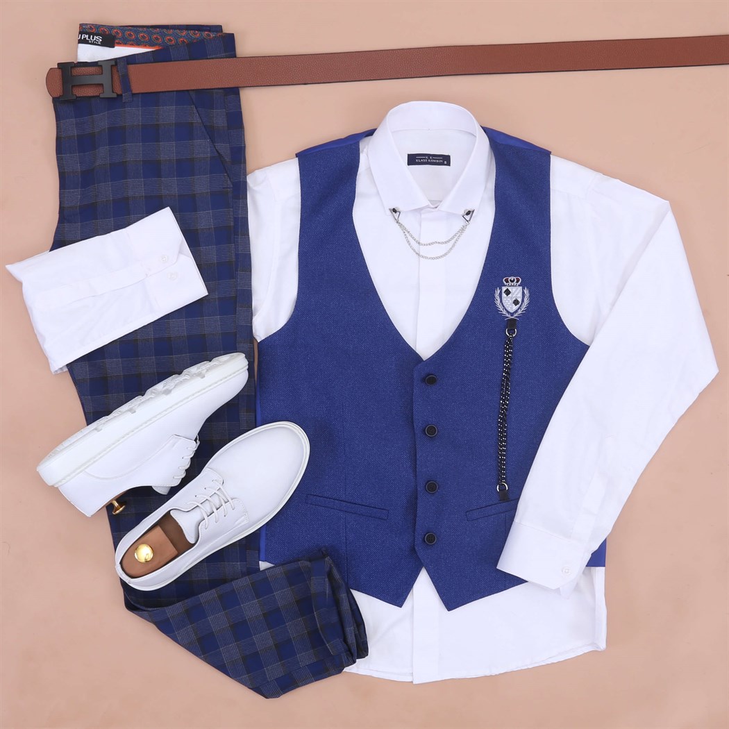 Mavi Yelek Beyaz Gömlek Kumaş Pantolon Klasik Ayakkabı Koımbini 