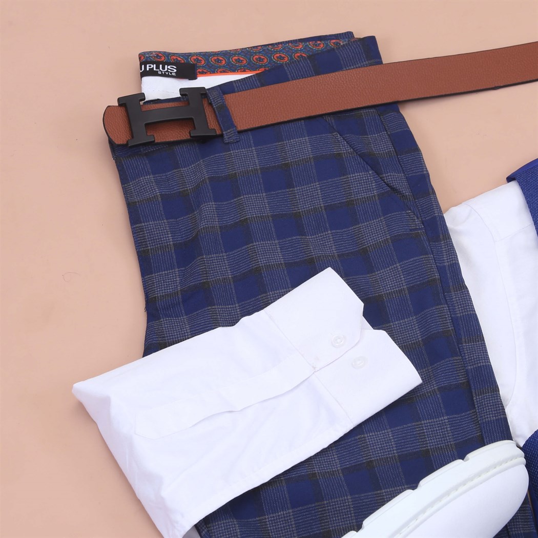 Mavi Yelek Beyaz Gömlek Kumaş Pantolon Klasik Ayakkabı Koımbini 