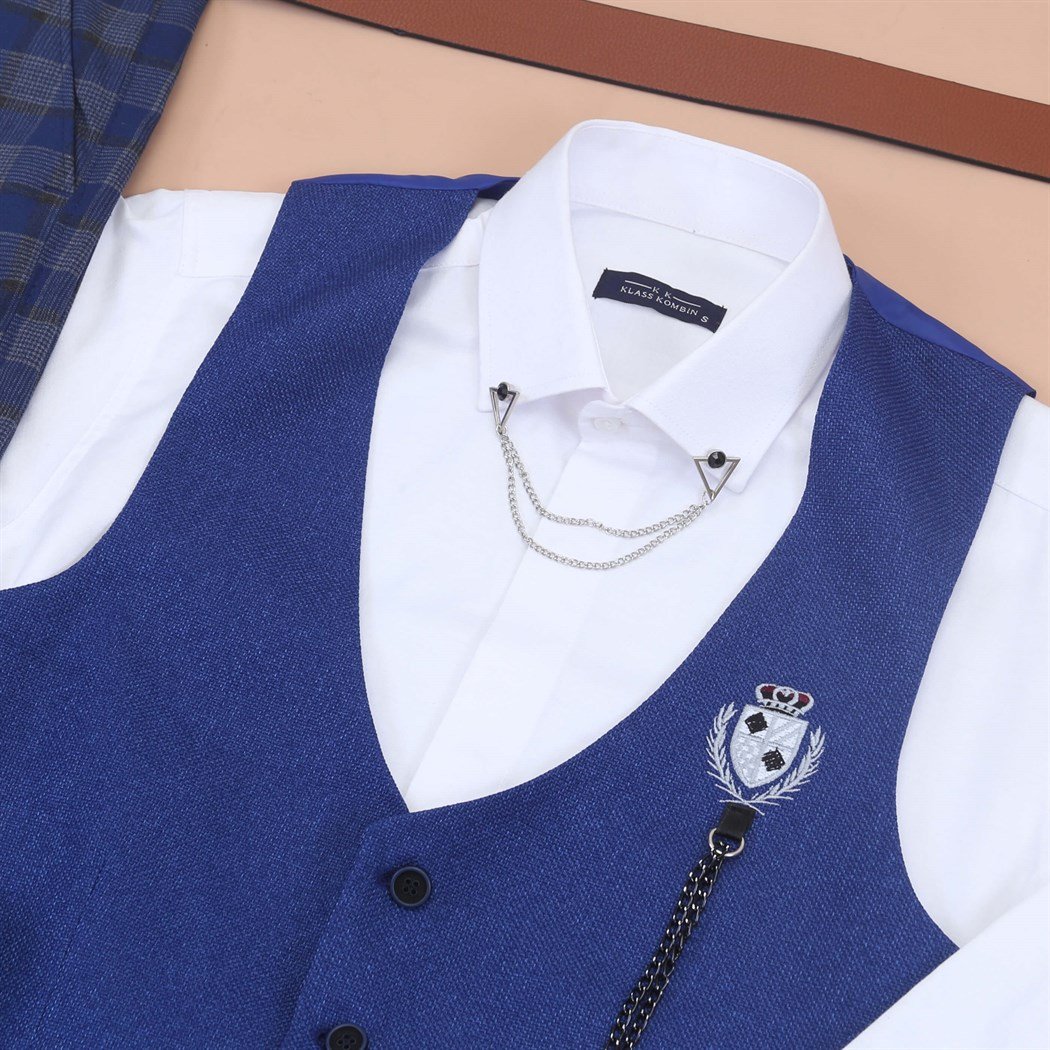 Mavi Yelek Beyaz Gömlek Kumaş Pantolon Klasik Ayakkabı Koımbini 