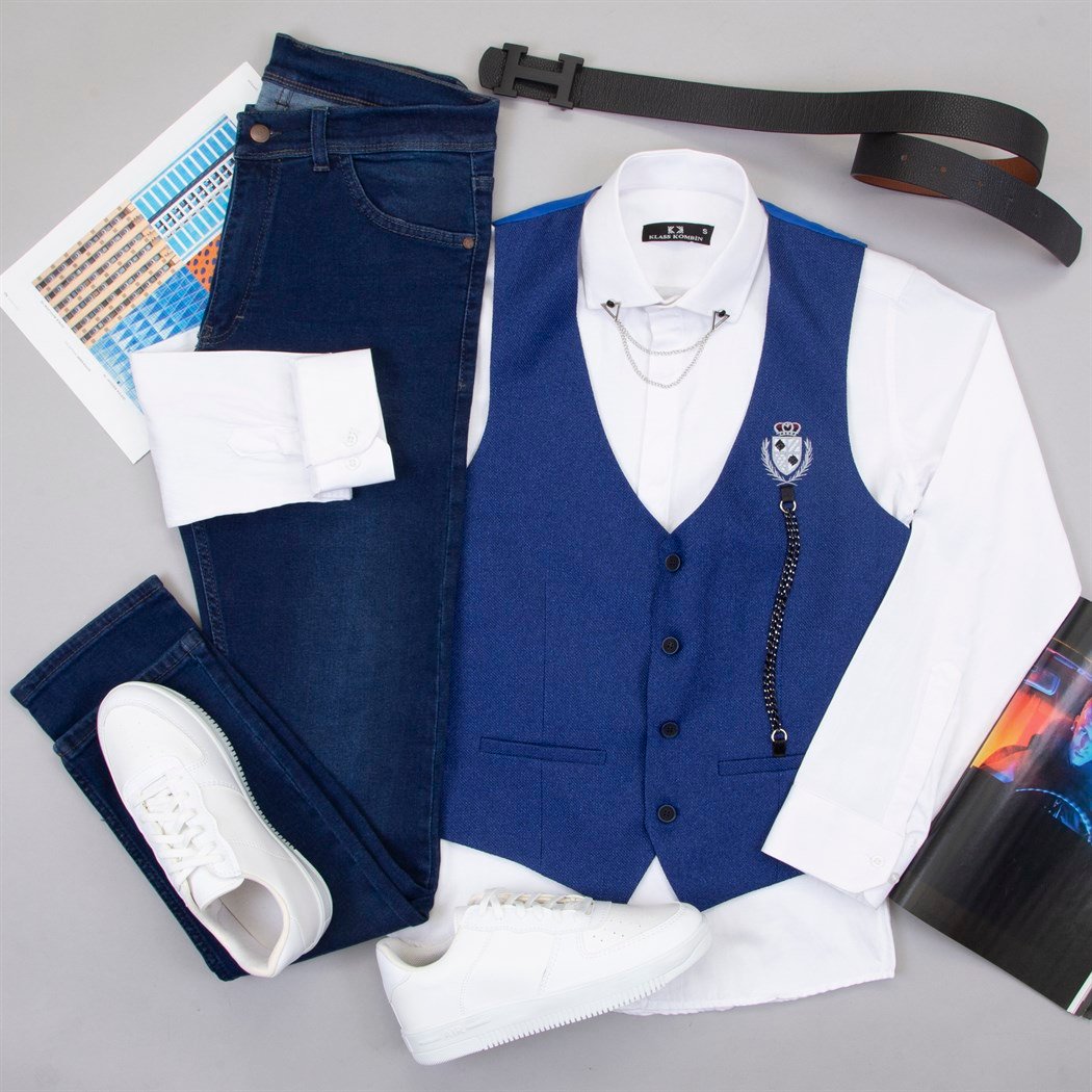 Mavi Zincirli Yelek  Gömlek Pantolon Ayakkabı Kombin