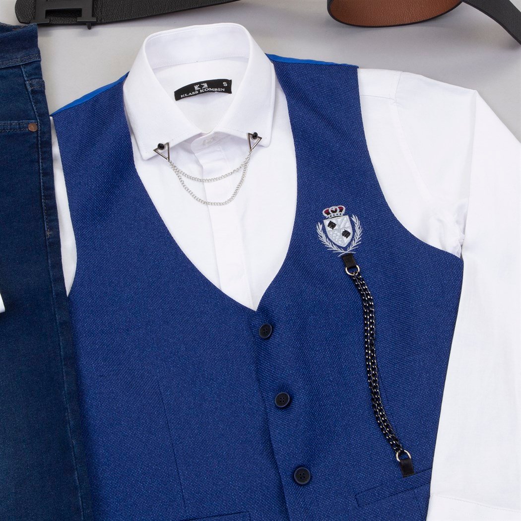 Mavi Zincirli Yelek  Gömlek Pantolon Ayakkabı Kombin