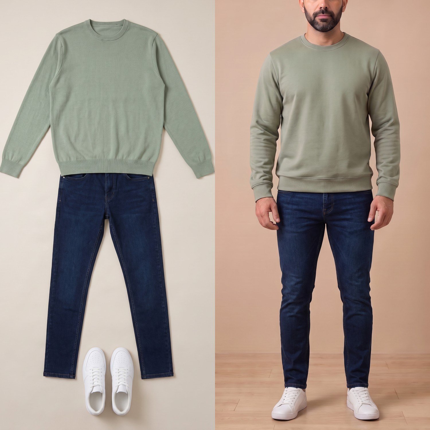 Mint Yeşil Kazak Lacivert Kot Pantolon Beyaz Spor Ayakkabı Kombini