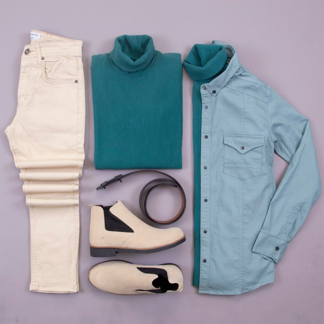 Mint Yeşili Gömlek Kazak Pantolon Bot Kombin