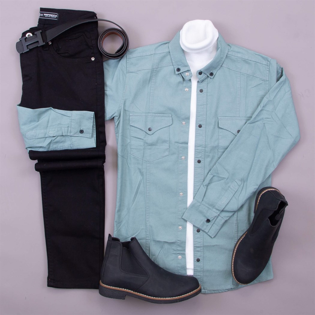 Mint Yeşili Kot Gömlek Kazak Pantolon Bot Kombin