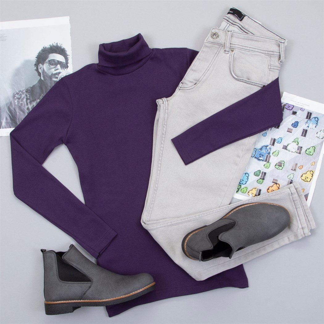 Mor Boğazlı Kazak Pantolon Bot Kombin