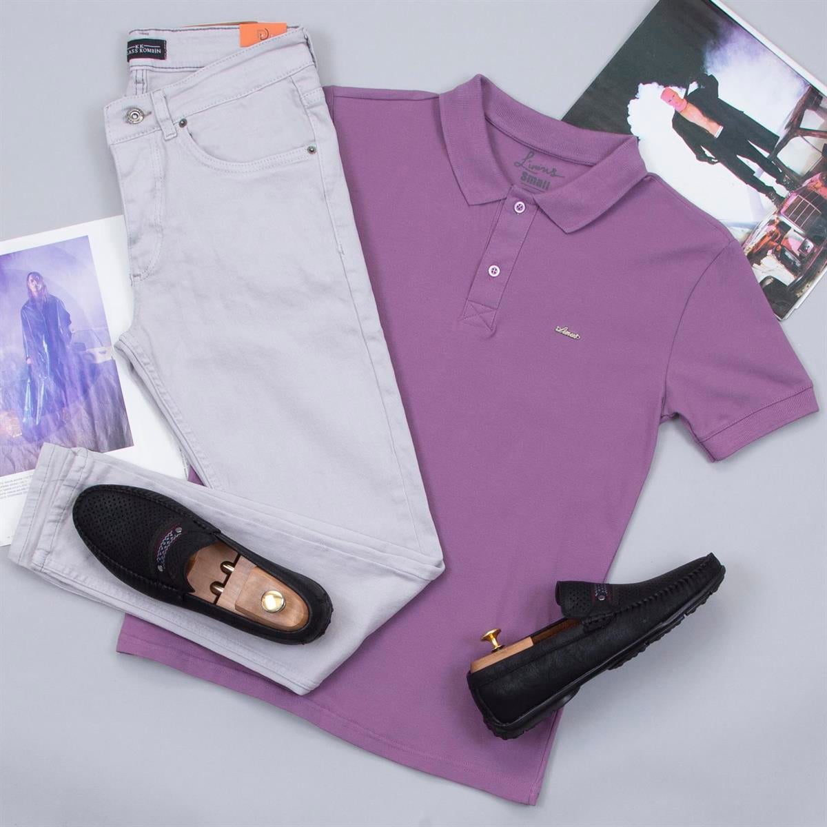 Mor Polo Yaka Tişört Pantolon Ayakkabı Kombin