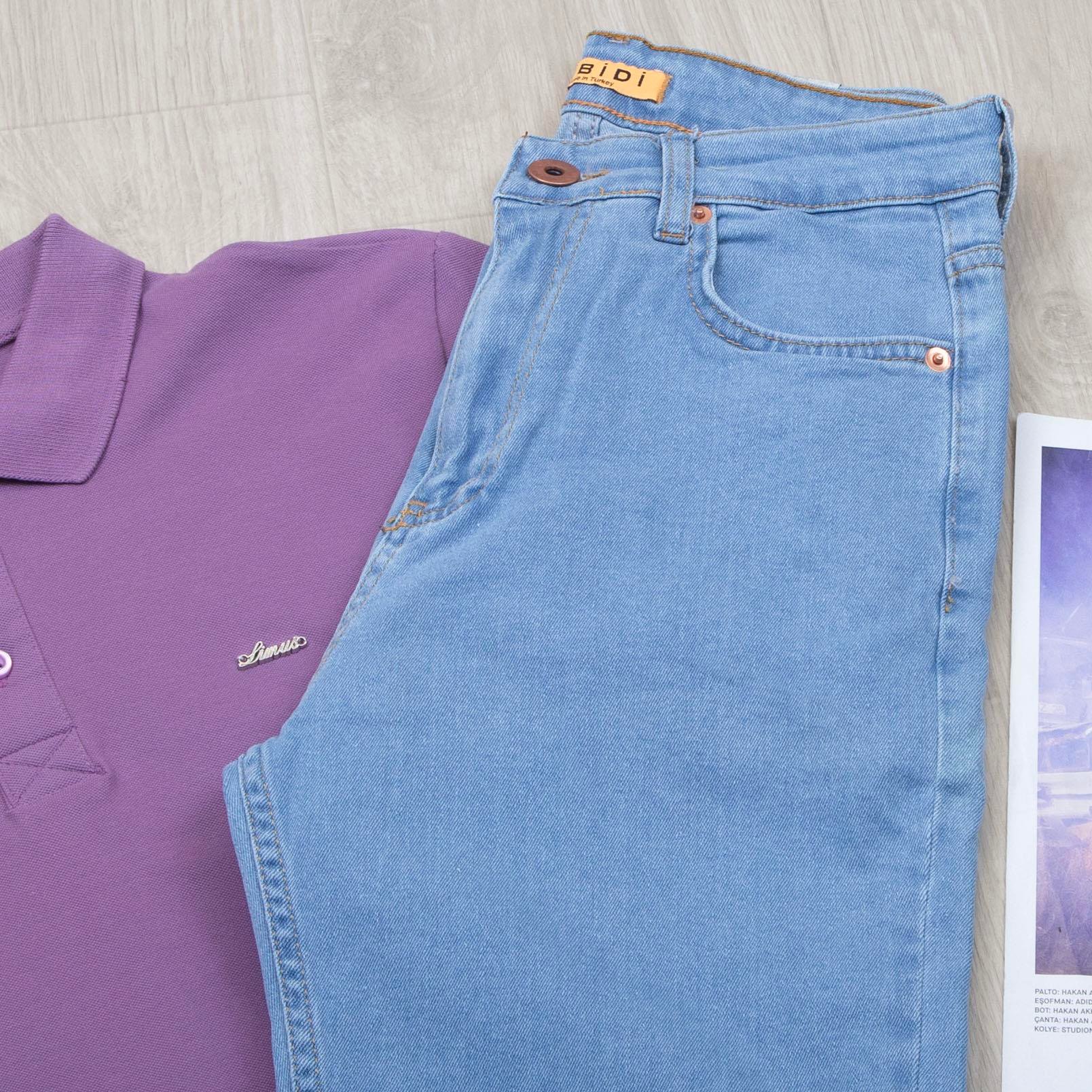 Mor Polo Yaka Tişört Pantolon Ayakkabı Kombin