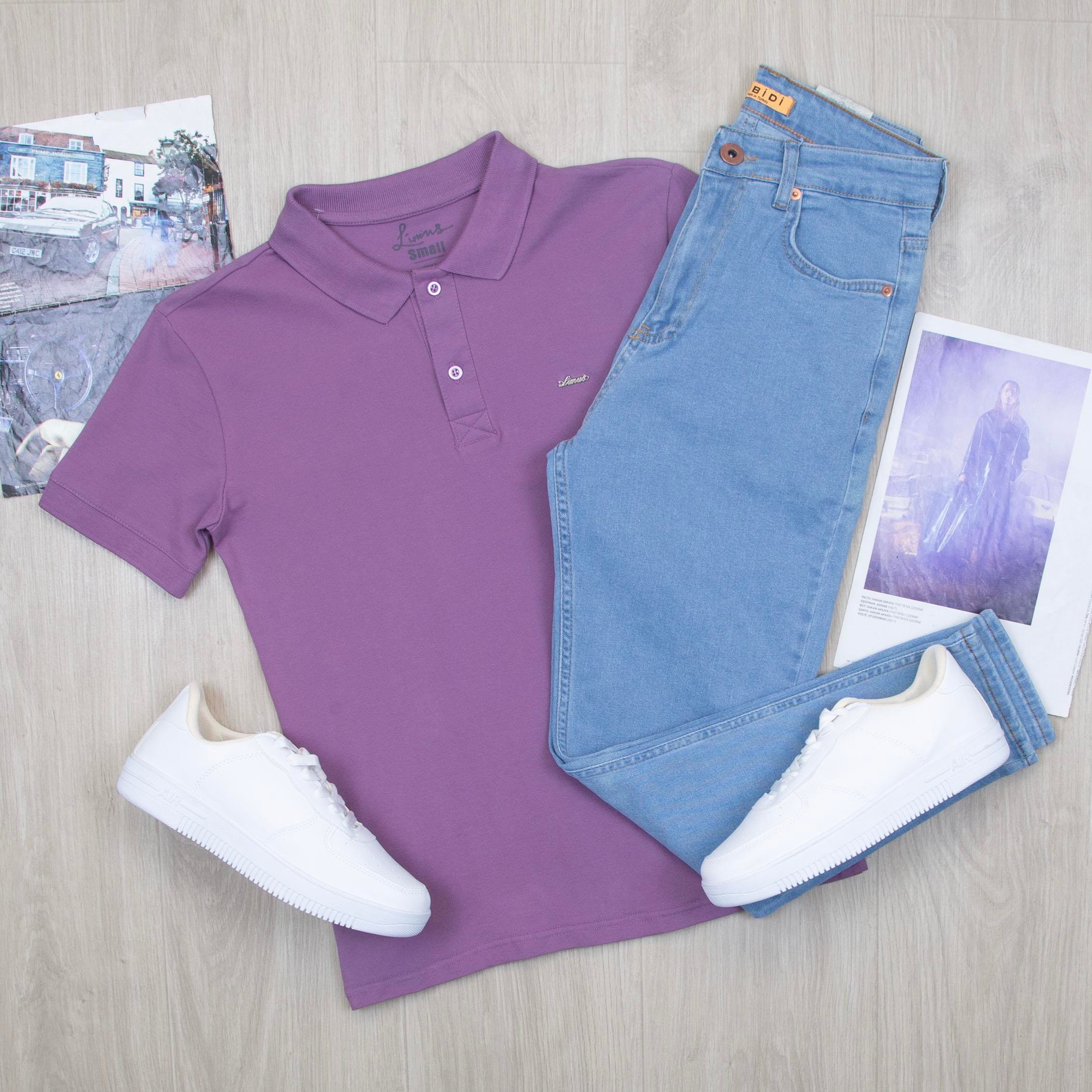 Mor Polo Yaka Tişört Pantolon Ayakkabı Kombin