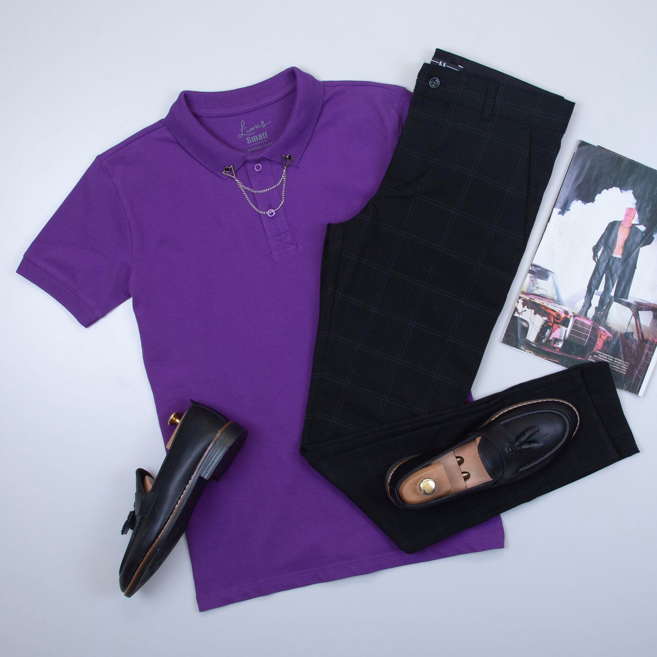 Mor Polo Yaka Tişört Pantolon Ayakkabı Kombin