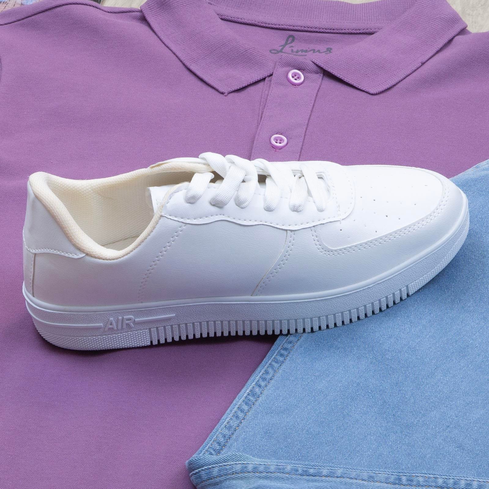 Mor Polo Yaka Tişört Pantolon Ayakkabı Kombin