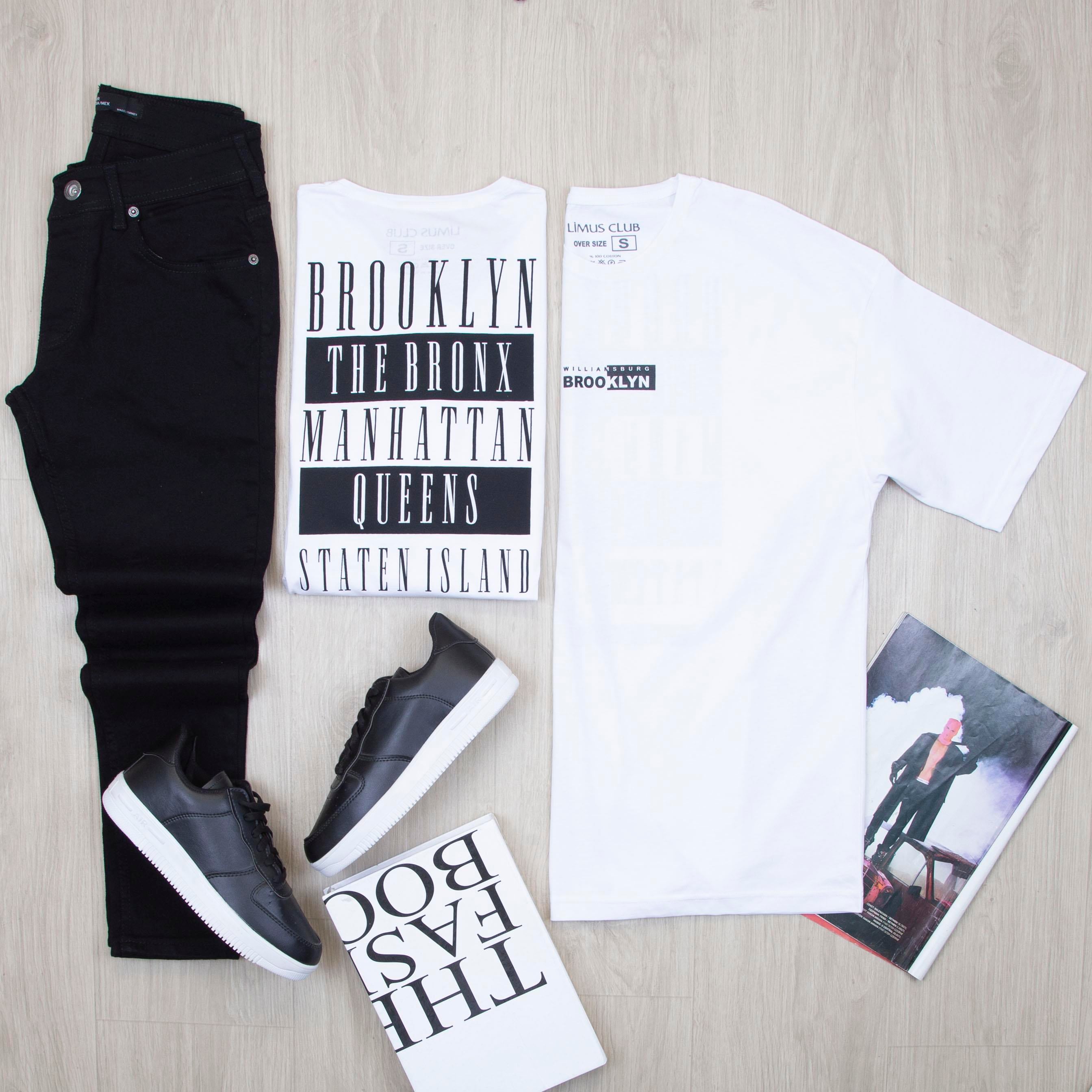 Ön ve Arka Baskılı Beyaz Oversize Tişört Pantolon Ayakkabı Kombin