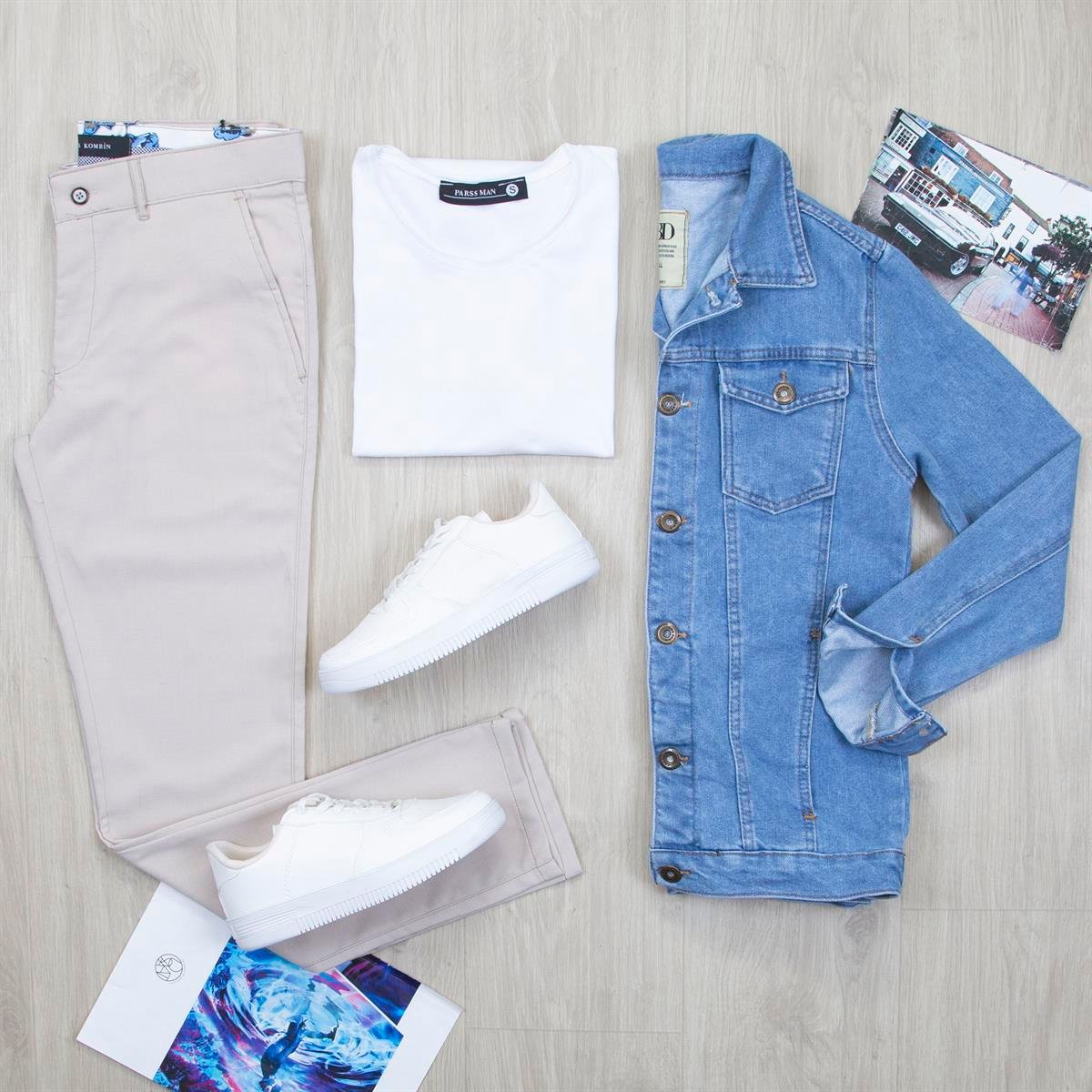 Orta Mavi Kot Ceket Tişört Pantolon Ayakkabı Kombin