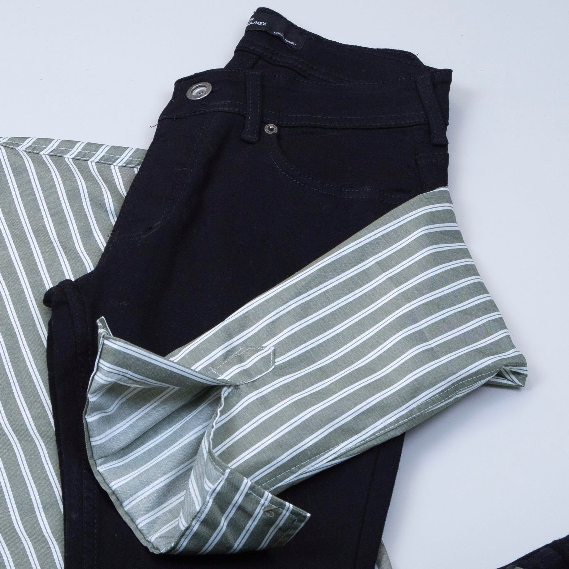 Oversize Haki Çizgili Gömlek Pantolon Ayakkabı Kombin