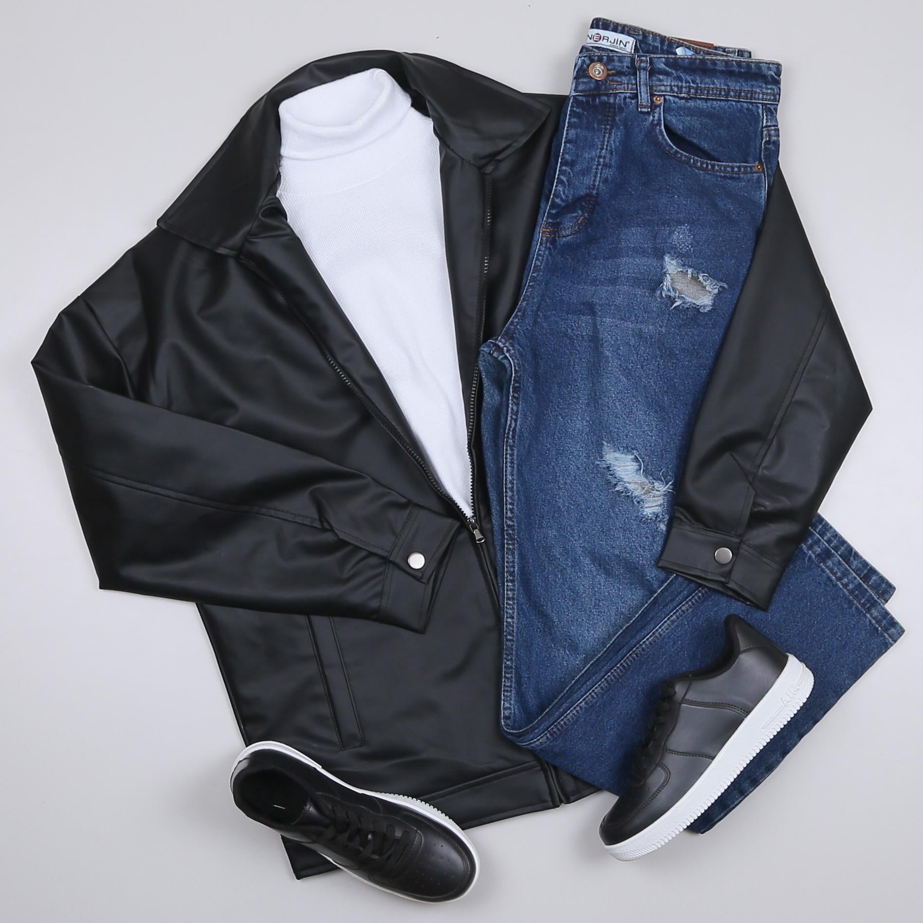 Oversize Siyah Deri Ceket Baggy Pantolon Boğazlı Body Ayakkabı Kombini