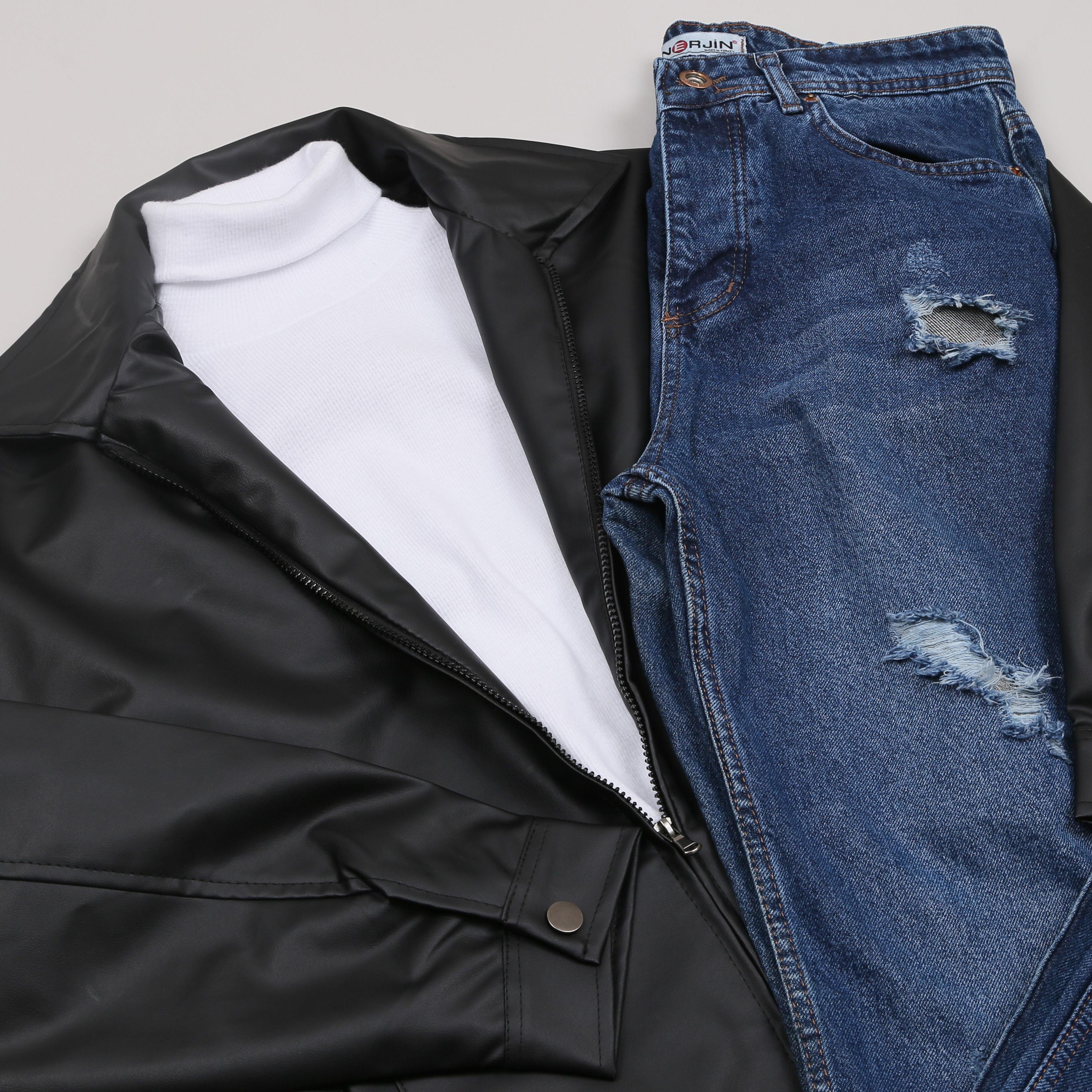 Oversize Siyah Deri Ceket Baggy Pantolon Boğazlı Body Ayakkabı Kombini