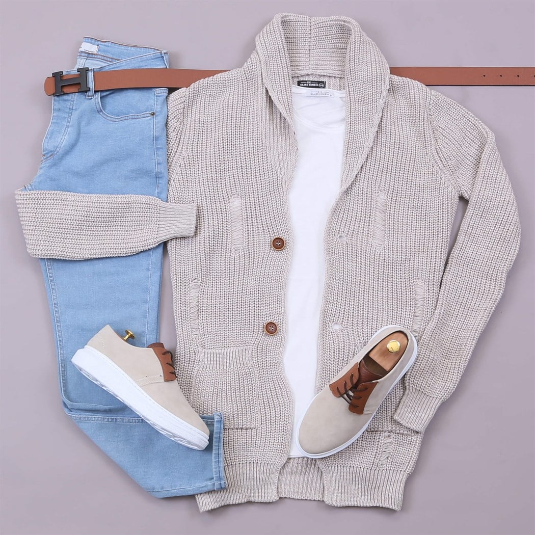 Özel Yırtıklı Cepli Bej Hırka Tişört Pantolon Ayakkabı  Kombin