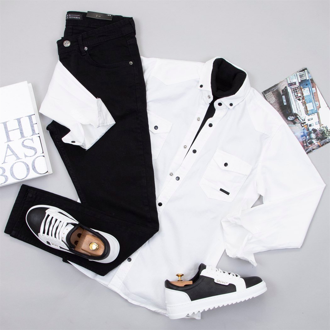 Pamuklu Beyaz Kot Gömlek Boğazlı Kazak Pantolon Ayakkabı Kombin